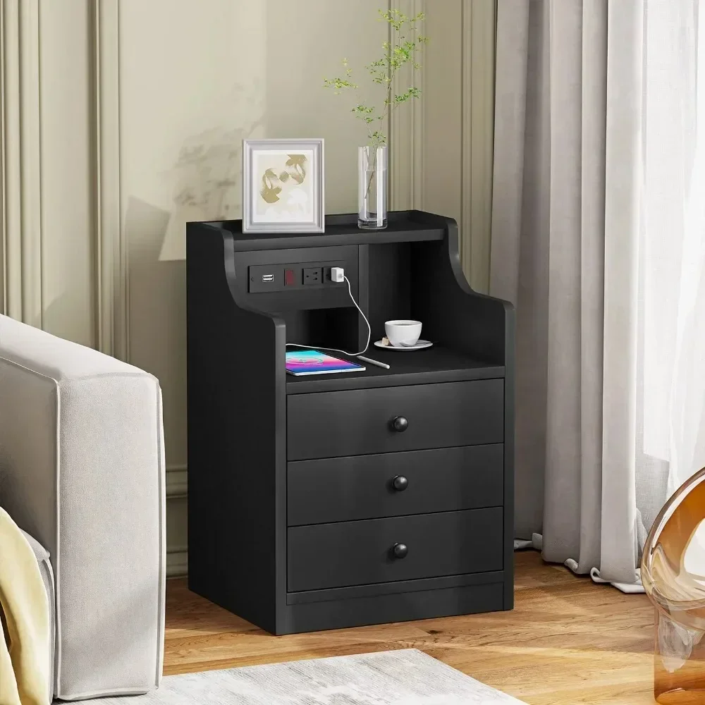 Nightstands,with Charging Station, with Hutch and Storage Drawers, Black,Nightstands