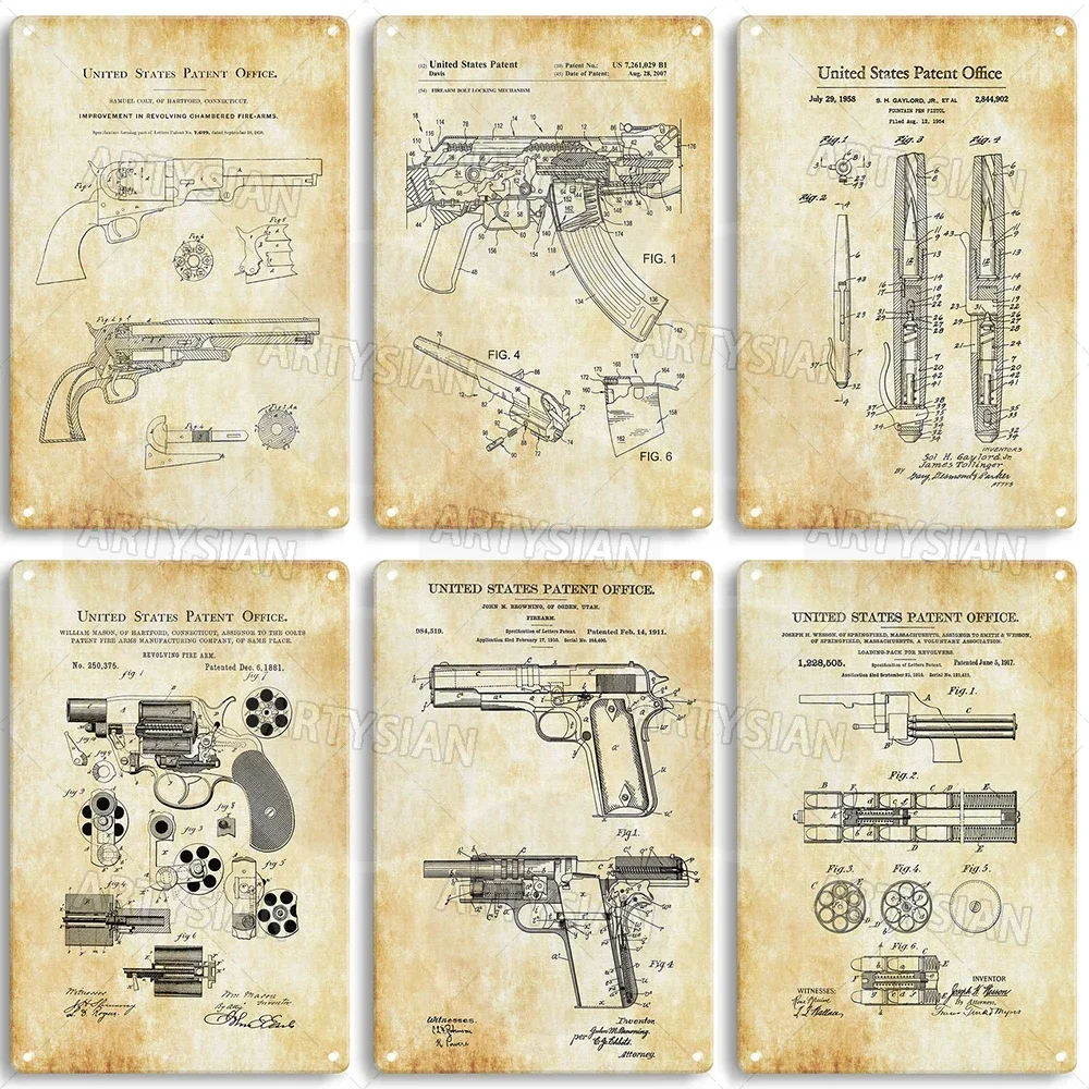 Gun Patent Metal Plaque Luger Pistol Hand Grenade AK Rifle Military Vehicle Marine Torpedo Wesson Revolver Cartridge Sturtevant