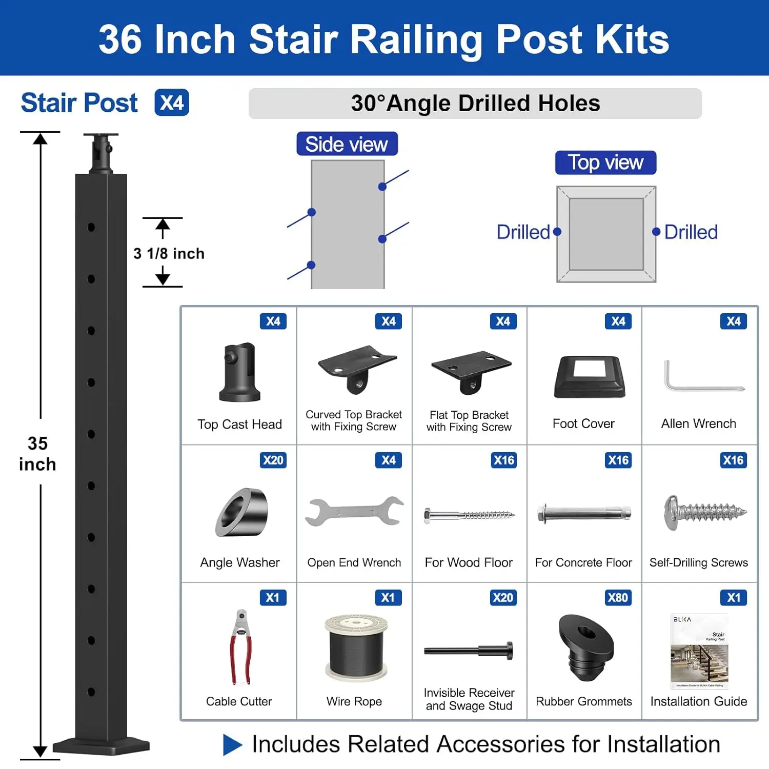 Complete Set 36" Stair Railing Post Kit(Post 35"x2"x2"), Black 25-35° Angle Drilled Line Post, Invisible Cable Railing