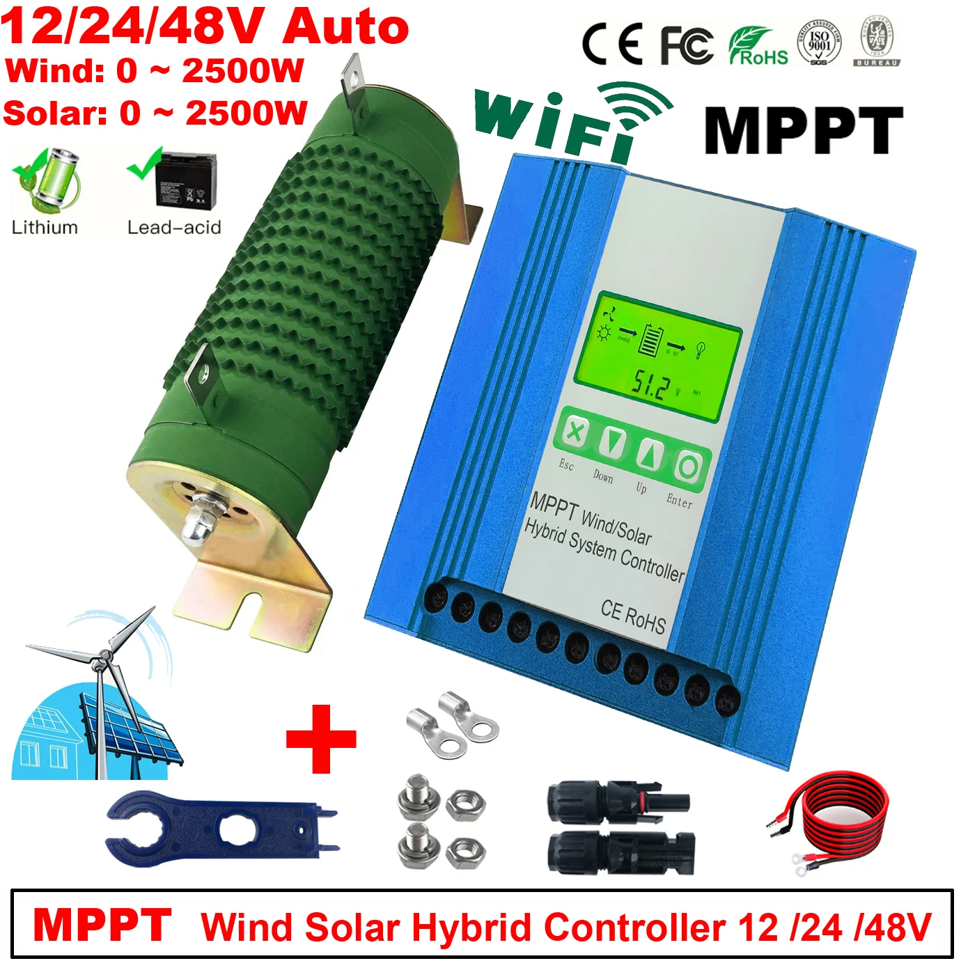 5000W Hybrid Wind Controller MPPT Board Solar Panel Charger Battery Equalizer LCD Display For Lifepo4 Lithium All Battery