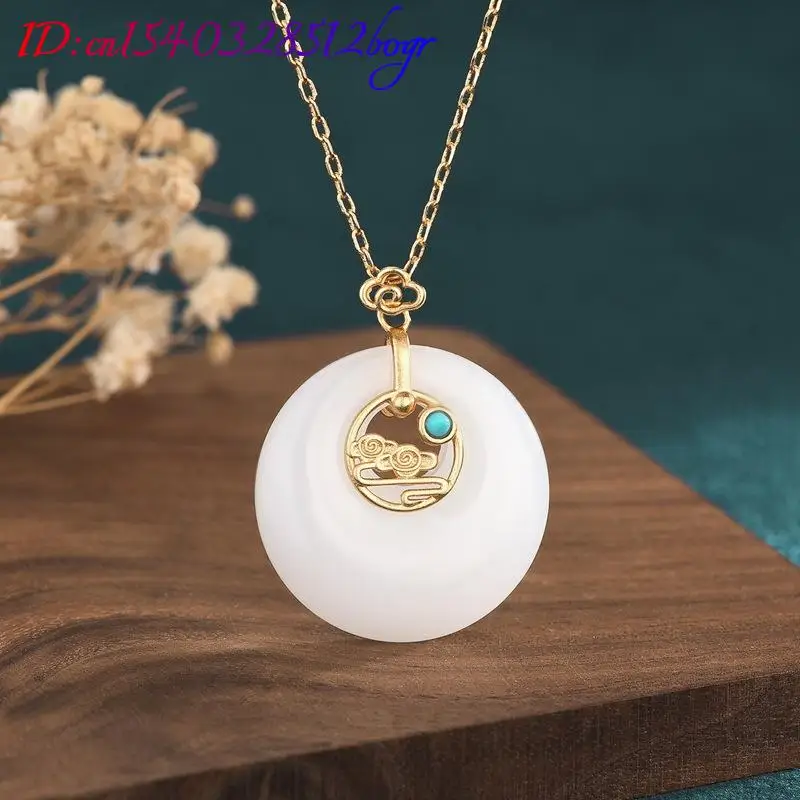 White Natural Jade Donut Pendant Necklace Charm 18K Gold Plated Amulet Real Jewelry Designer Stone Luxury Carved Gemstone