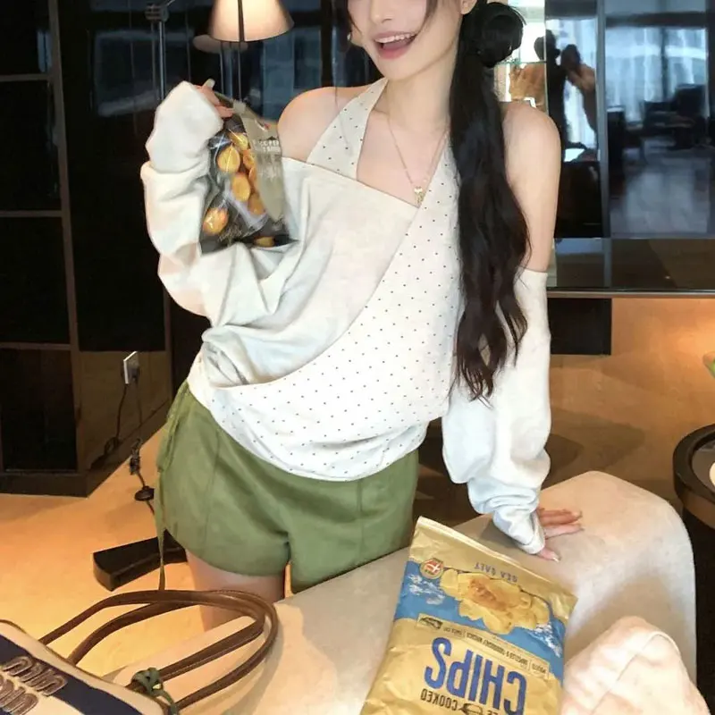 

Women's Clothing Polka Dot T-shirts Halter Fake Two Pieces Autumn Casual Slash Neck Stylish Off Shoulder Asymmetrical Pullovers