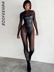 BOOFEENAA Black Mesh Sheer Bodycon Jumpsuit for Women 2024 Sexy Clubbing Outfits Gothic Punk Black One Piece Techwear C70-EC27