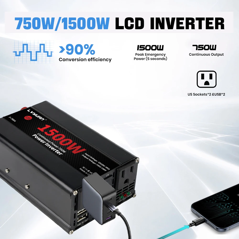 DC12V إلى AC120V سيارة العاكس 1500 واط/2000 واط/2600 واط محول جهد كهربي الطاقة 60 هرتز مع 2US المقبس USB شحن للتخييم التلفزيون المحمول #2