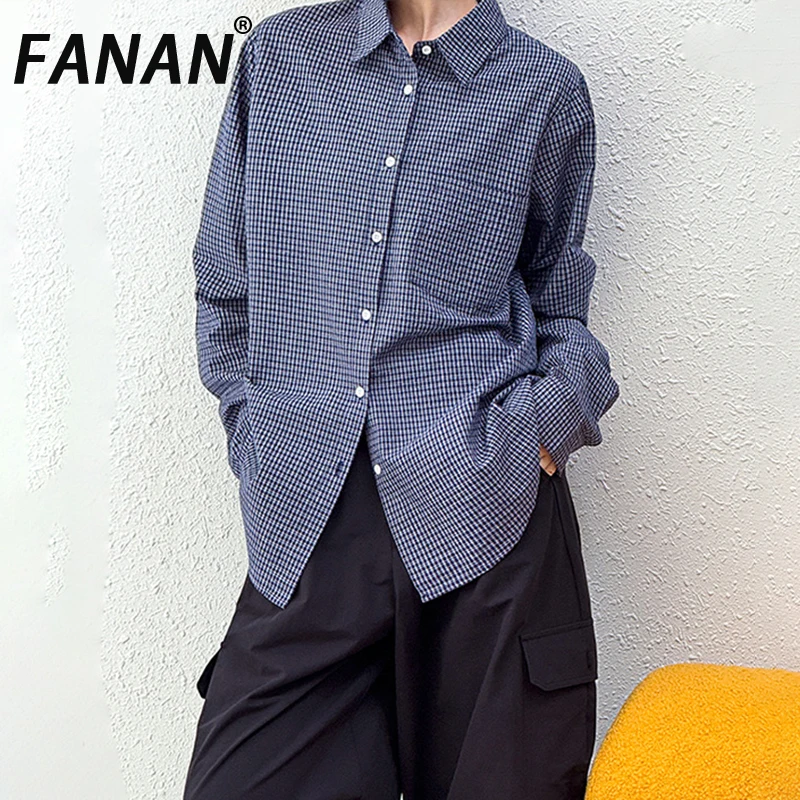 

FANAN винтажные клетчатые рубашки контрастного цвета для женщин с лацканами и длинными рукавами, офисные женские блузки, женские топы, новинка осени 2023 г.