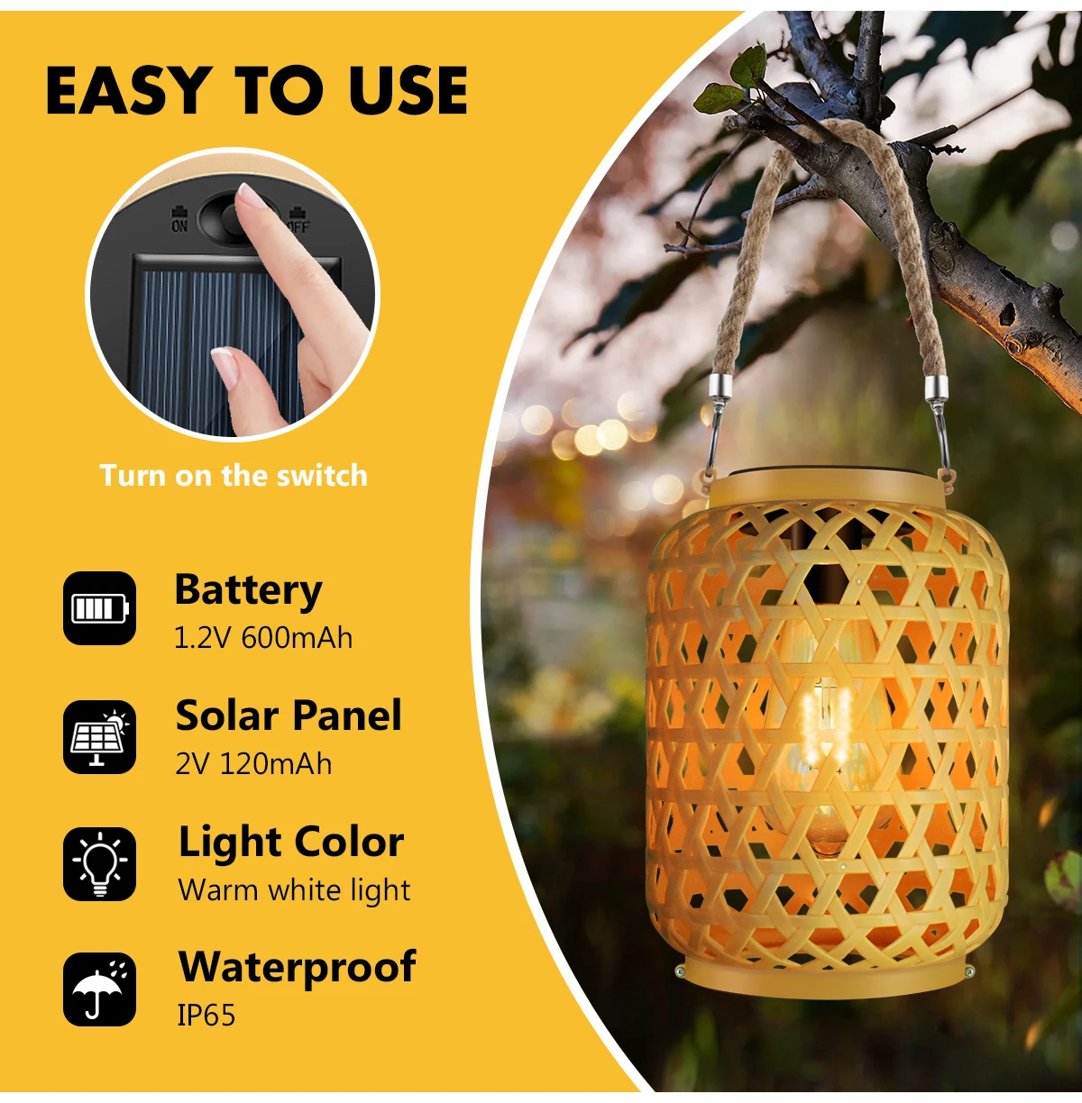 NordicLoom solar lantern illuminated at night showing warm light cast on patio floor