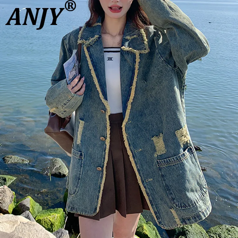 

ANJY Autumn New Women Vintage Distressed Stylish Chic Denim Jacket Casual High Street Single Breasted Pockets Frayed Coats A8423