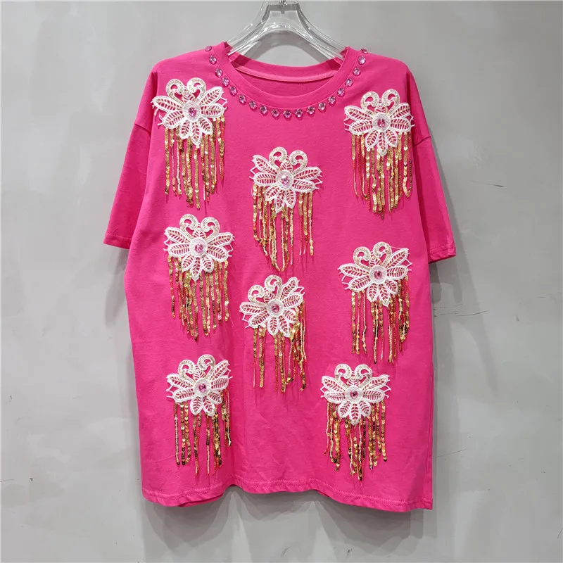 Heavy Industry Rhinestone Flower Sequined Tassel T-shirt Women 2024 Summer Mid-Length Loose Casual Round Neck Chic White Top