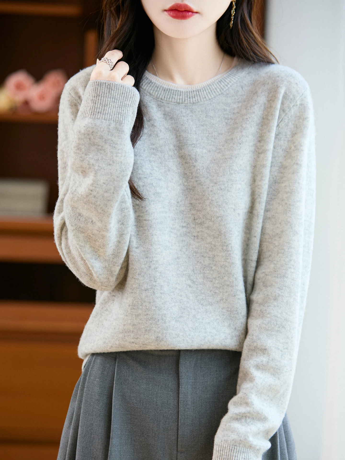 Autumn Winter Women 100% Merino Wool Sweater Crew Neck Contrast Trim Long Sleeve Pullover Solid Loose Soft Warm Casual Knitwear