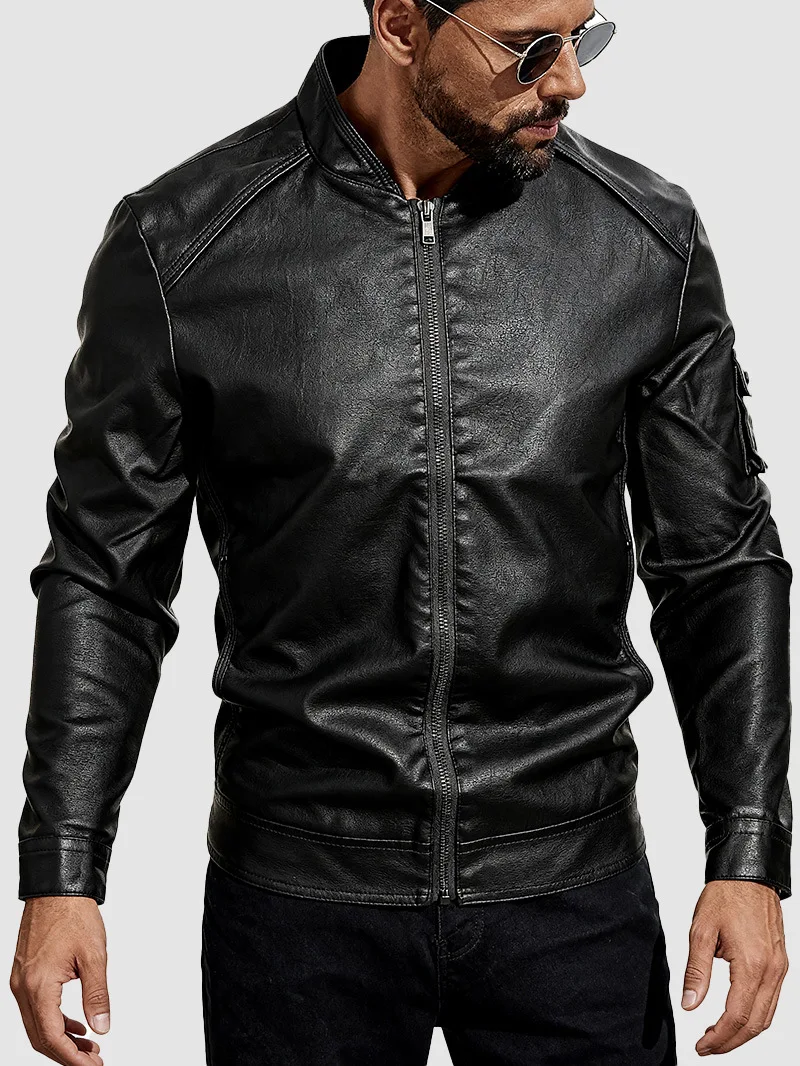 European American Men's Faux Leather Jacket 2026 Autumn Winter New Fashion Classic Outdoor Windproof Stand Up Collar Zipper Coat