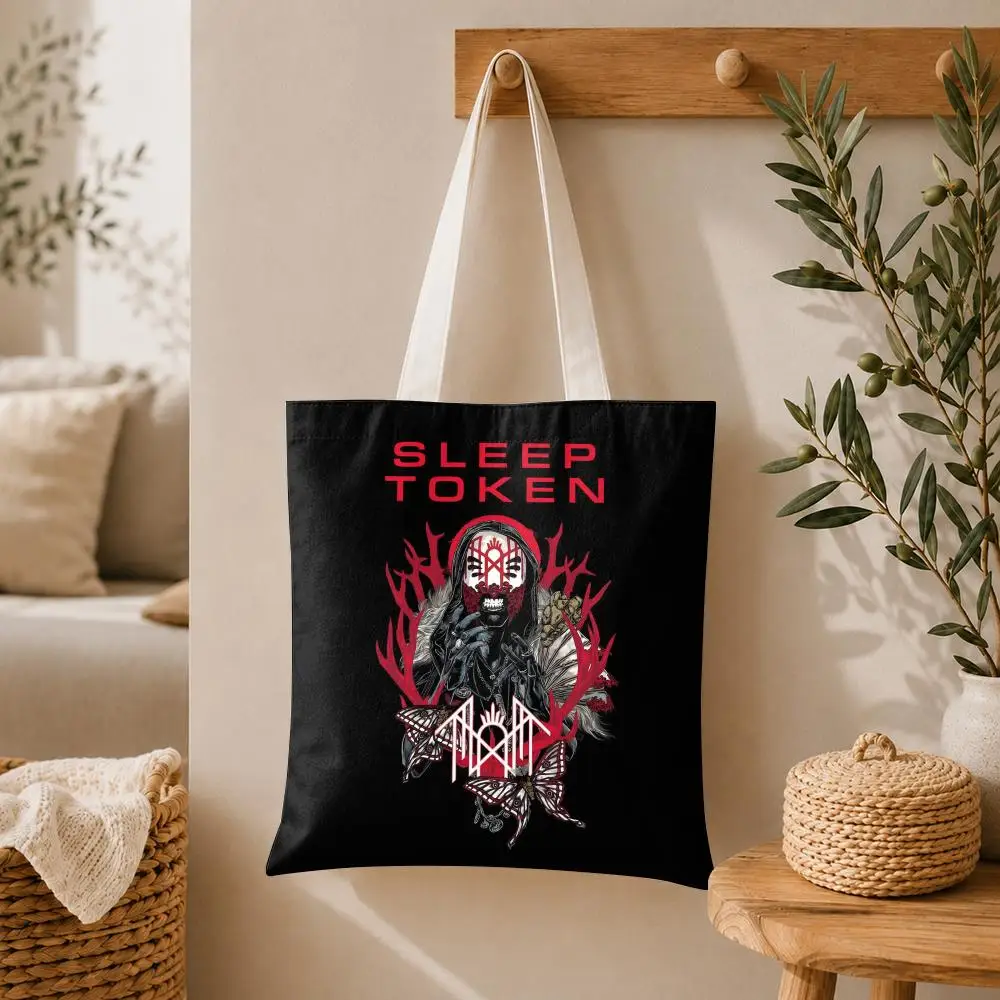 Rock S-Sleep Band T-Token Storage Bags Large Canvas Tote Bag Double-Sided Print Reusable Shoulder Handbag for Daily Shopping