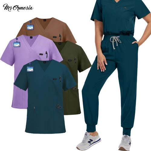 Uniforme quirúrgico antiarrugas elástico de verano, uniforme clínico de dentista, traje para correr para hombres y mujeres, Top médico, pantalón con bolsillo