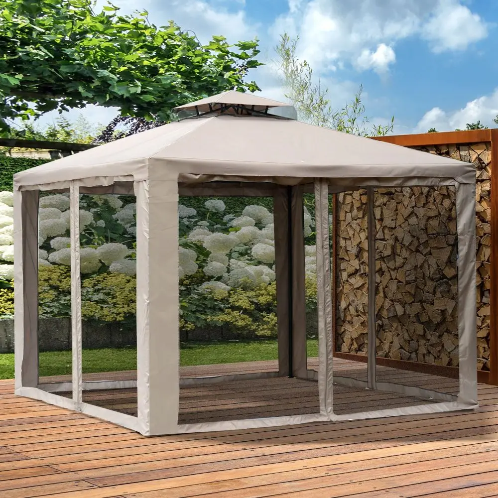 Patio Gazebo, Outdoor Canopy Shelter with 2-Tier Roof and Netting, Steel Frame for Garden, Lawn, Backyard, and Deck, Taupe