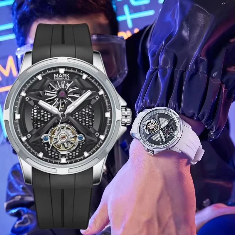 マークフェアホエールメンズ自動巻きトゥールビヨンウォッチスポーツラバーストラップ防水ファッション機械式時計