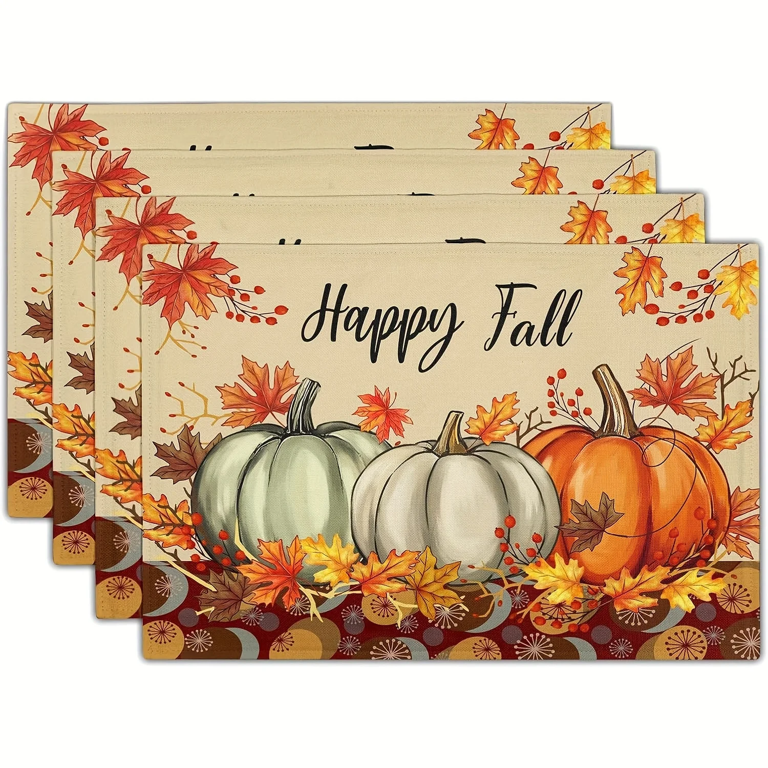 4pcs Happy Fall Placemats - Farmhouse Autumn Table Mats with Pumpkins, Maple Leaves in Orange, Beige, Brown for Thanksgiving