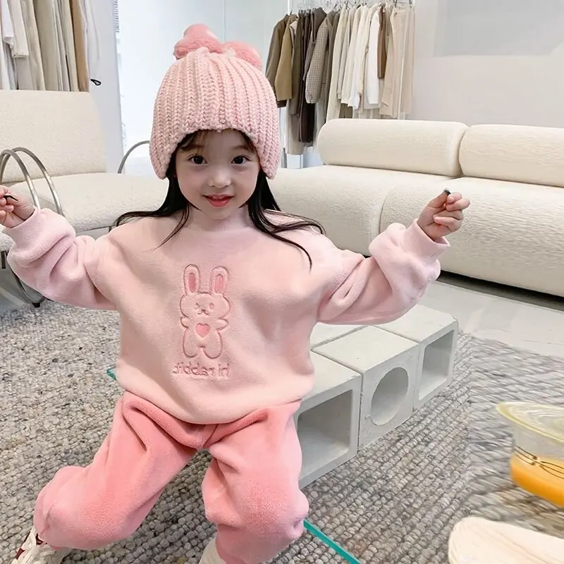 Polar Fleece High Quality Autumn and Winter New Children's Set Plus Fleece Thickened Cute Rabbit Fashion Trend Baby Girl Tide