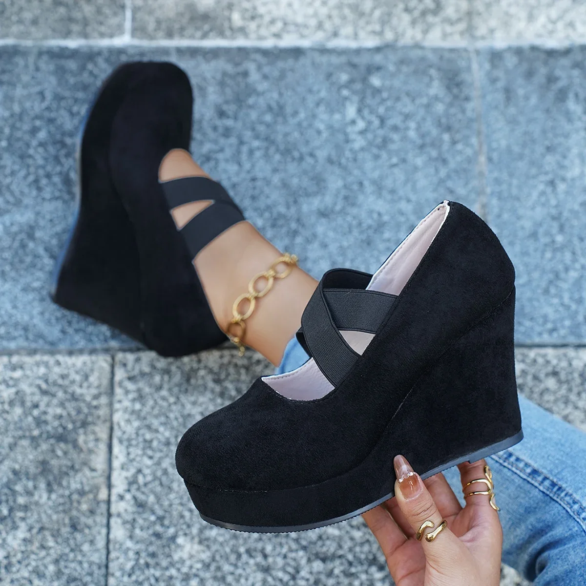 Women Round Toe Wedges Heels Pumps Strap Solid Color High Heels Shoes High Comfortable Casual Platform Shoes for Women Big Size