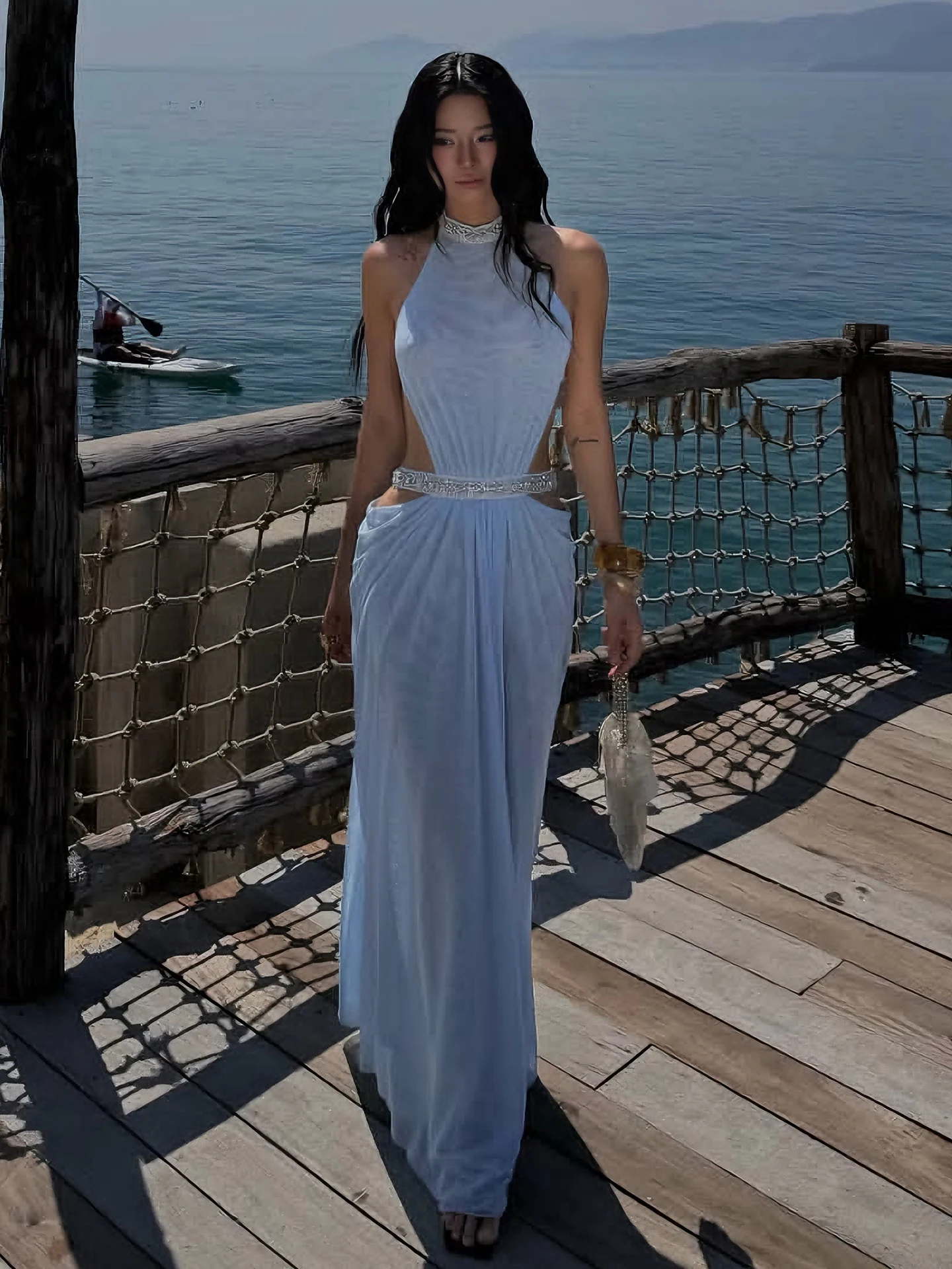 

Sisjuly Glittering Hollow out Backless Neck Hanging Dress Women's Summer Fashion Dress Heavy Embellishment Sling Shoulder Dress