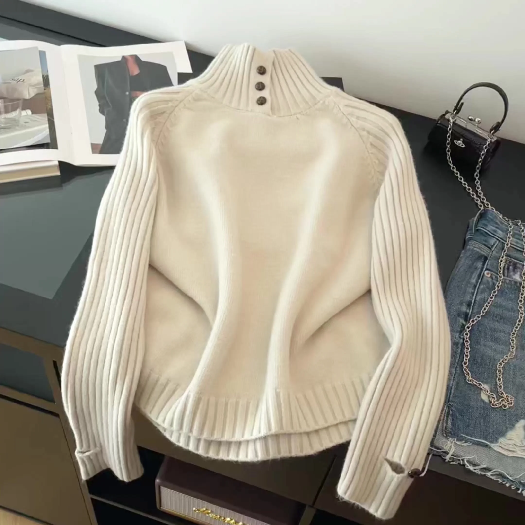 

Women's Apricot Turtleneck Sweater 2000s Vintage Knit Pullover Korean Style Long Sleeves Cozy Cashmere Sweater For Women Clothes