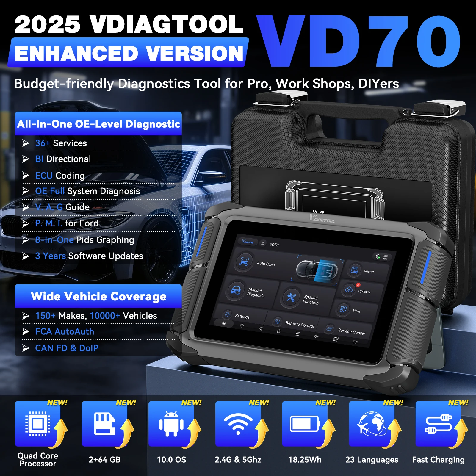 VDIAGTOOL VD70 Car Diagnostic Tools ECU Coding 39+ Service Professional Automotive Scanner Bidirectional Control CAN FD/DOIP/FCA