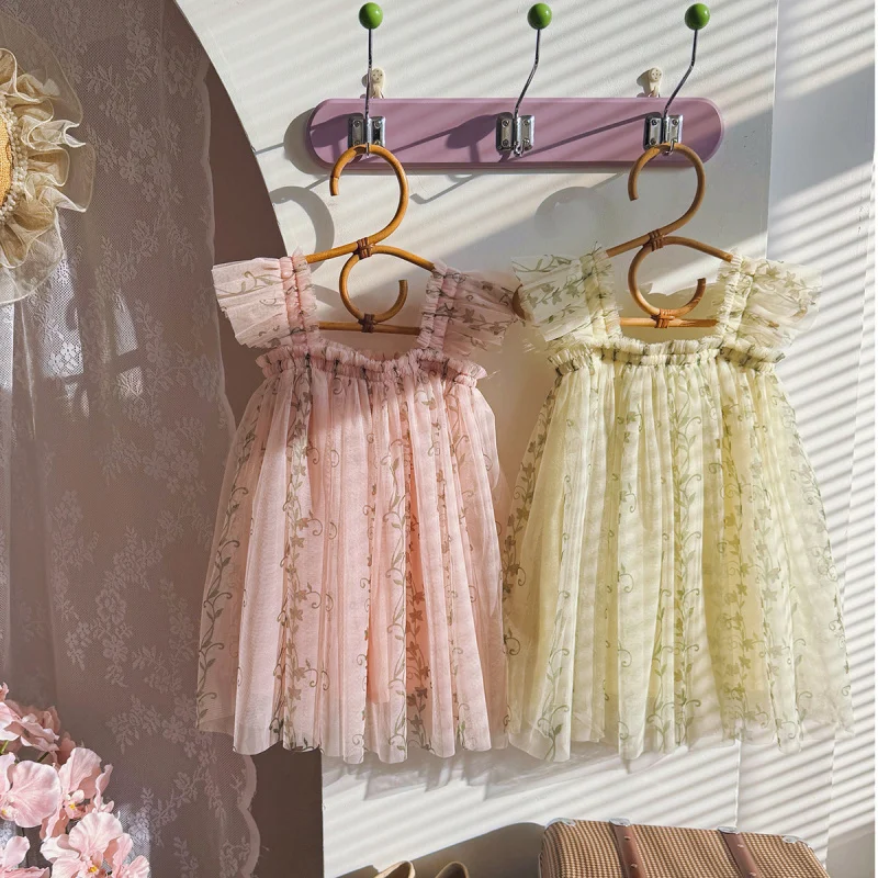 

Tengman Flower Flying Sleeve Mesh Girl's Dress Summer New Sweet Girl Princess Dress Birthday Dress Puffy Dress
