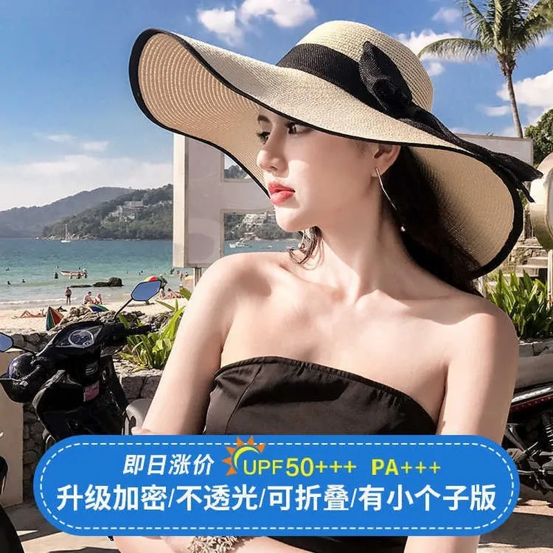 New summer women, sun-protective, fashionable with a flowing ribbon and bow, breathable straw hat for vacations