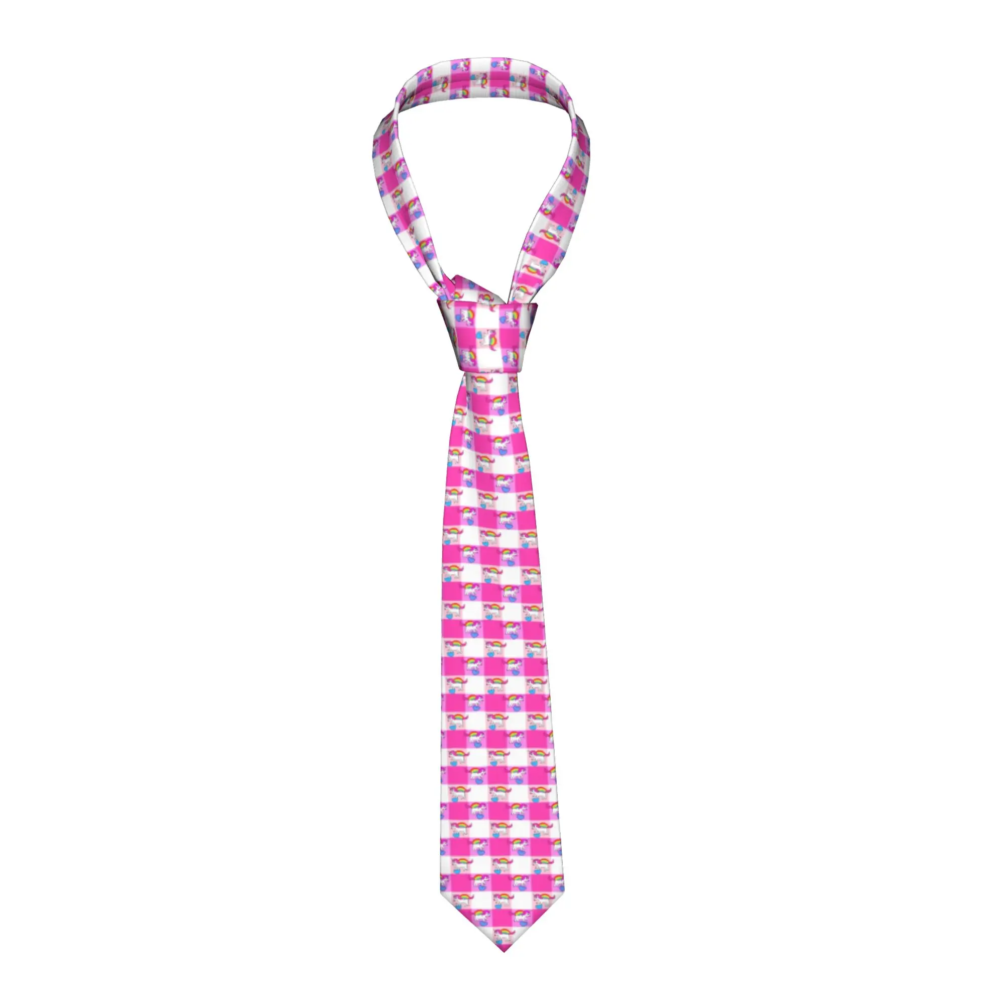 gravata-de-seda-formal-masculina-com-estampa-de-unicornio-e-arco-Iris-em-xadrez-rosa-para-negocios