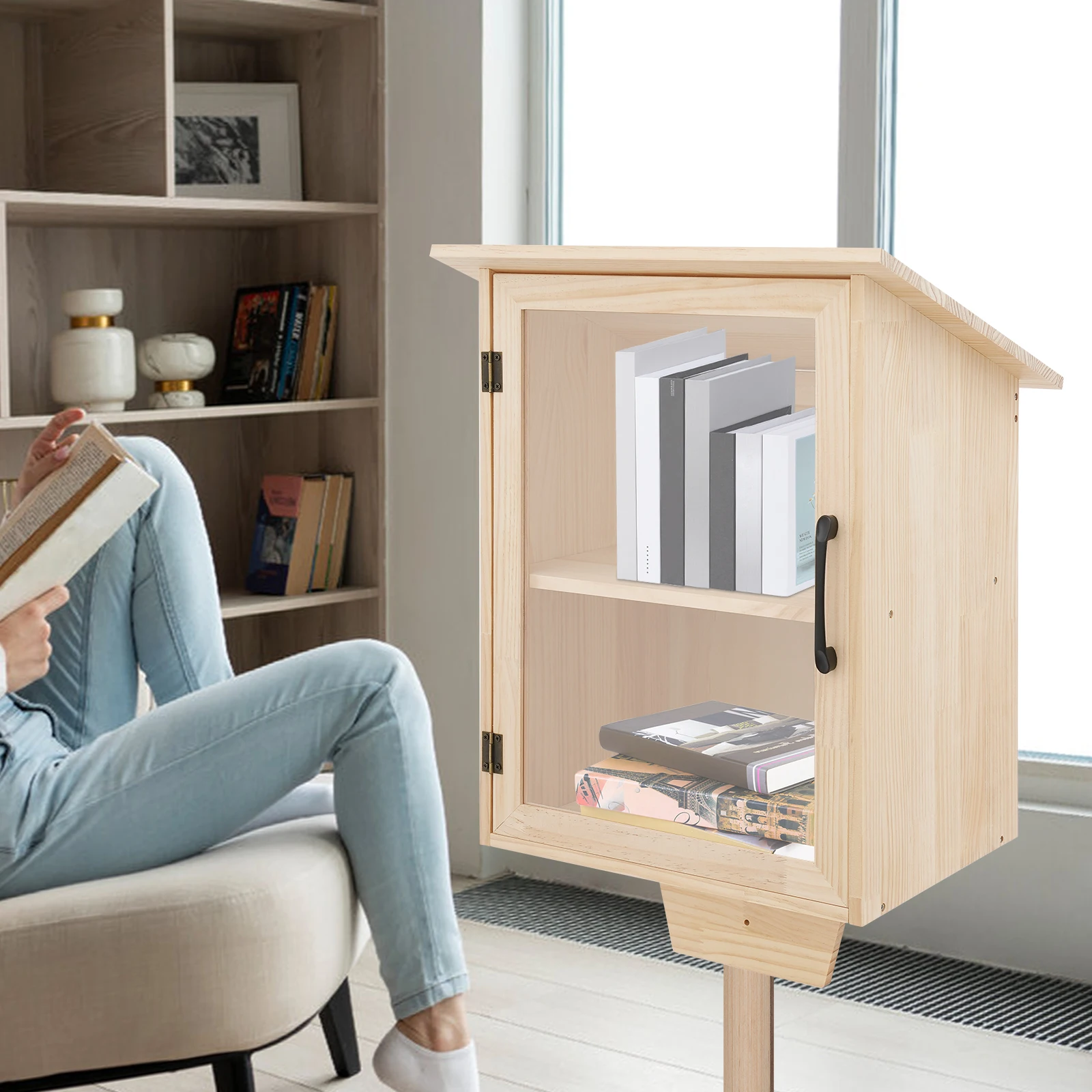 2-Tier Outdoor and Indoor Book Cabinet, Small Wooden Book Cabinet, Durable Design for Public Community School and Back Yard image 2