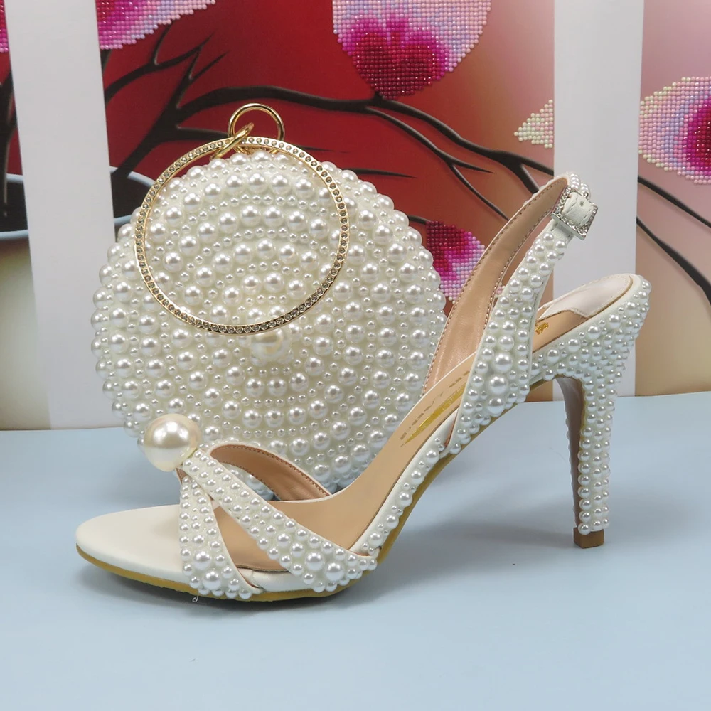 Summer New Arrival White Female Sandals Bridal shoes bag set woman Fashion Thin Heel Big Pearl Girls fashion Sandals party Shoes