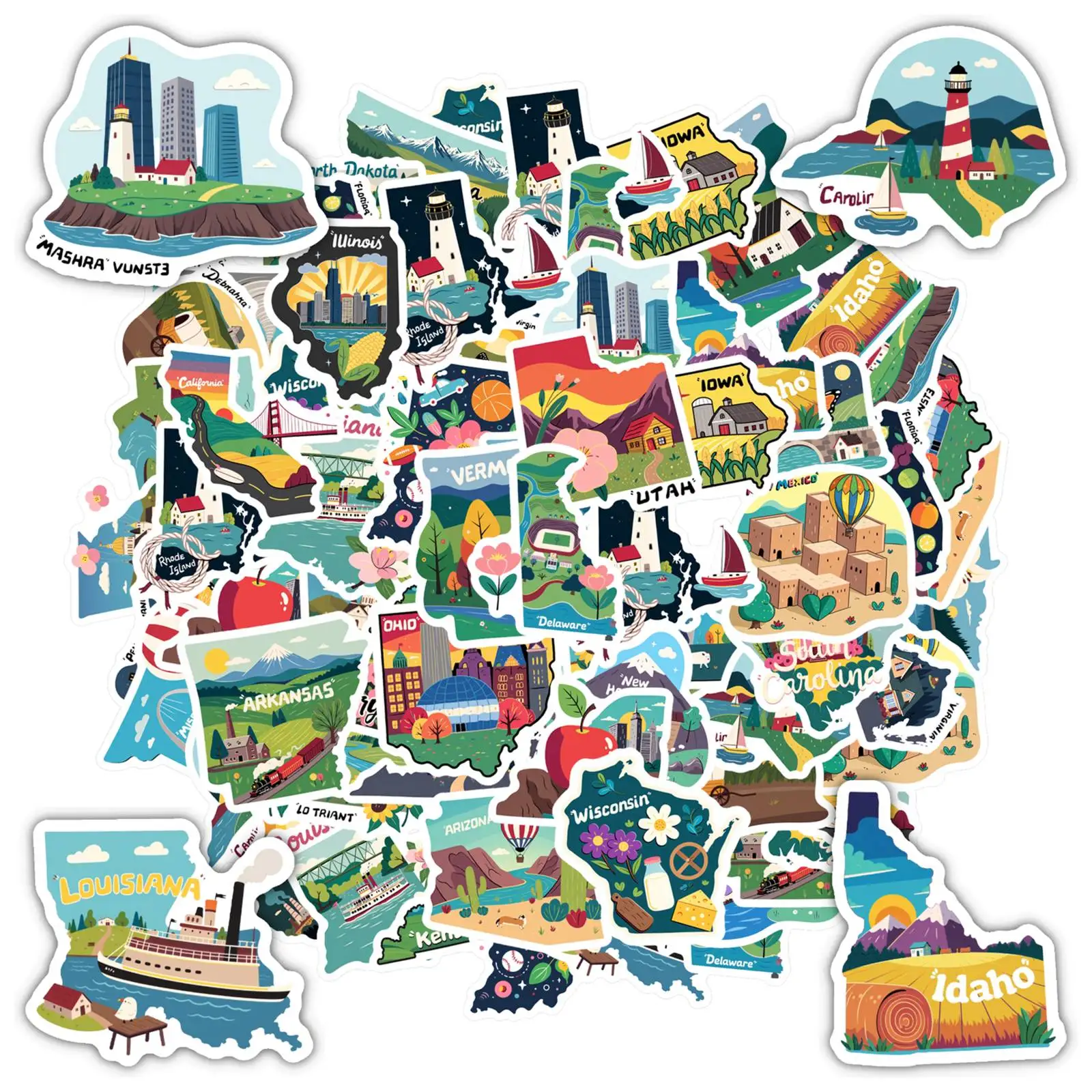 Autocollants artistiques des États-Unis, 35 pièces, autocollants colorés avec monuments géographiques, autocollants d'états pour guitare, bricolage, skateboard, ordinateur portable, bagages