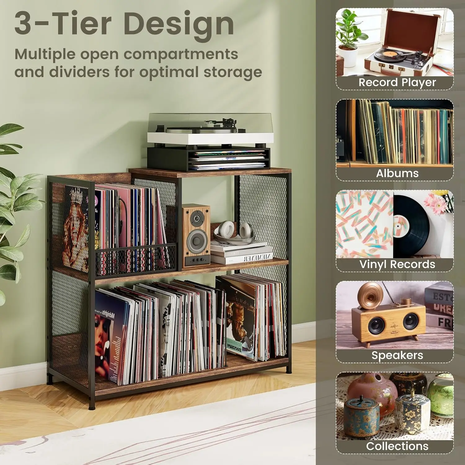 Il supporto per giradischi a 3 livelli può contenere fino a 300 album, tavolino girevole con 3 divisori rimovibili e struttura in metallo, display in vinile