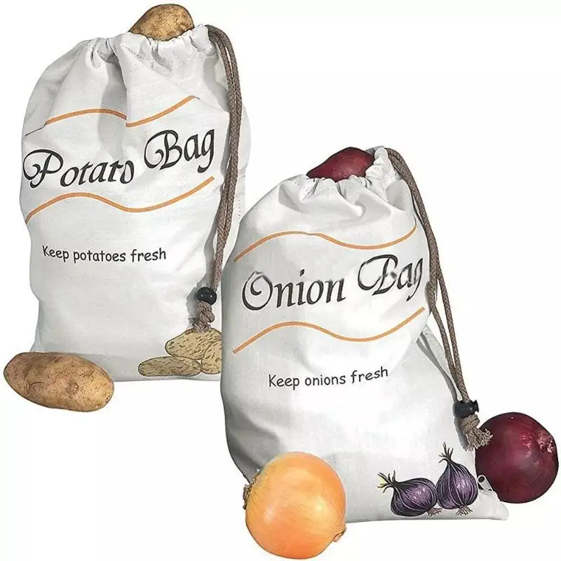 Potato Onion Storage Bag Keep Fresh Vegetable Fruit Organizer Drawstring Canvas Bags Reusable Sacks Holds Keeper Large Capacity view 6