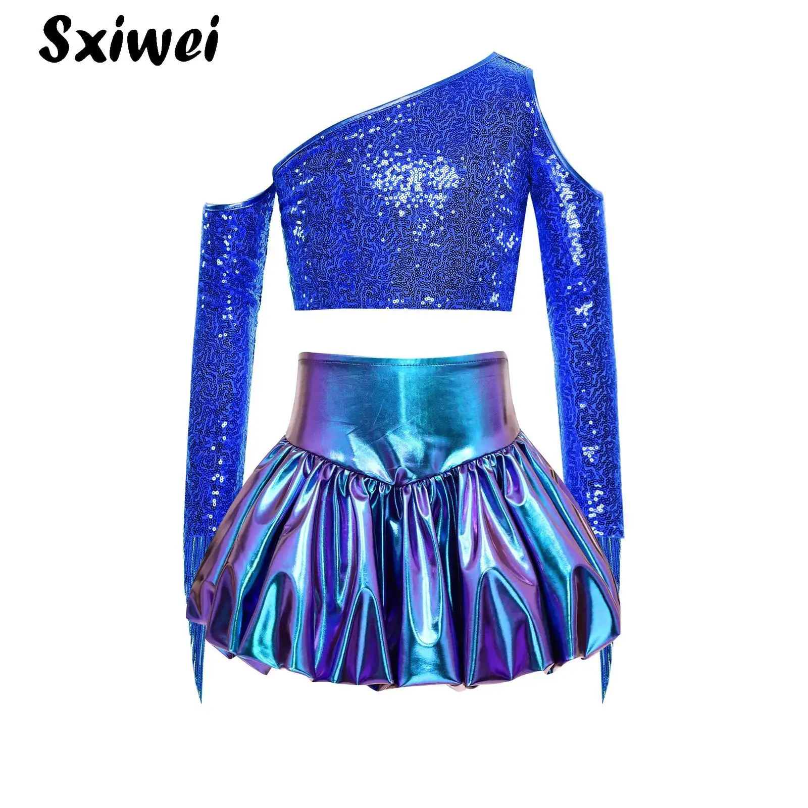 

Metallic 70s Disco Hippie Costume Shiny Jazz Dancewear Kids Girls Long Sleeve One Shoulder Sequin Crop Top And Bubble Skirts Set