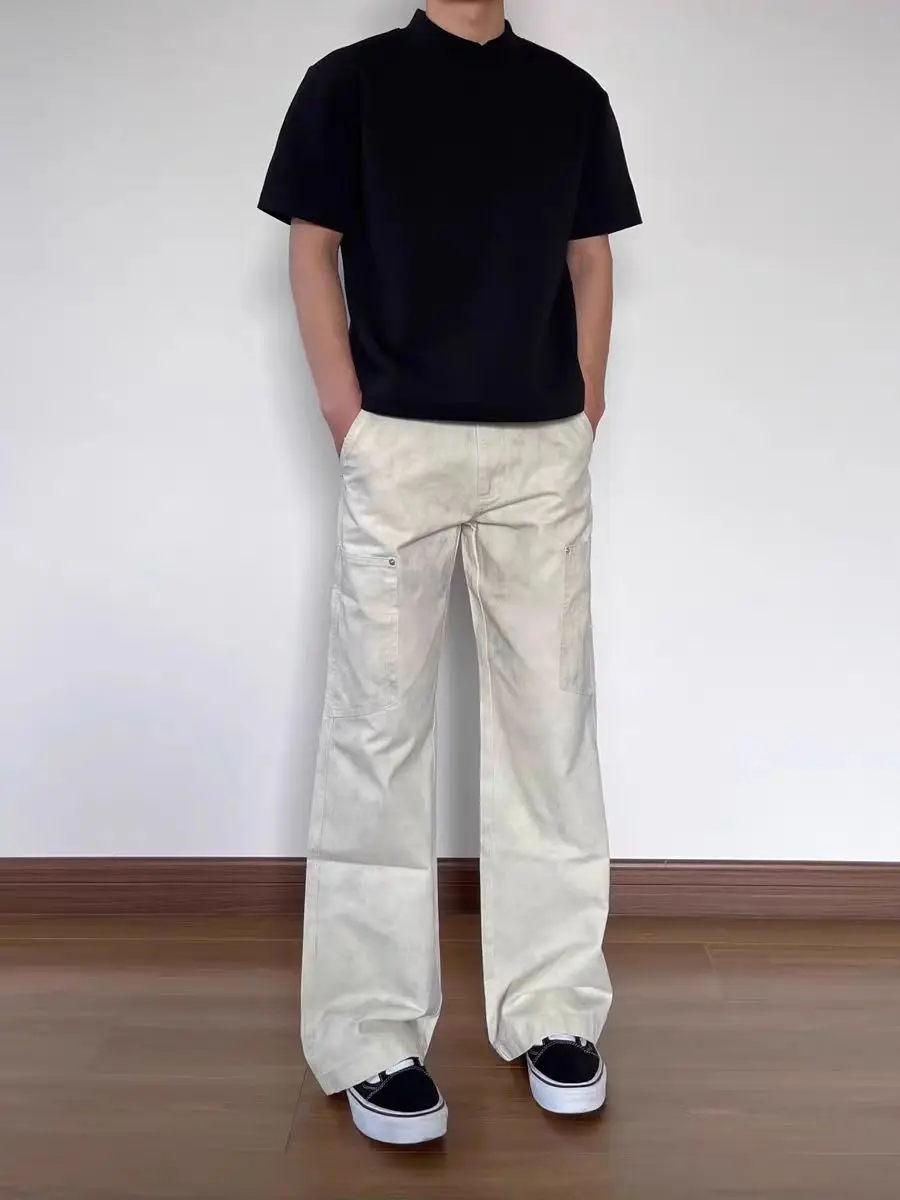 

Retro American High Street Marble Pattern Men's Casual Pants Loose Straight Leg Long Trousers for Spring Summer Versatile