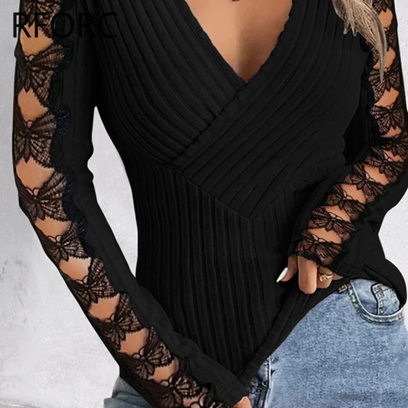 2024 Women Deep V Neck Wrap Lace Bow Hollow Out  Knitting Basic Black Blouse Top