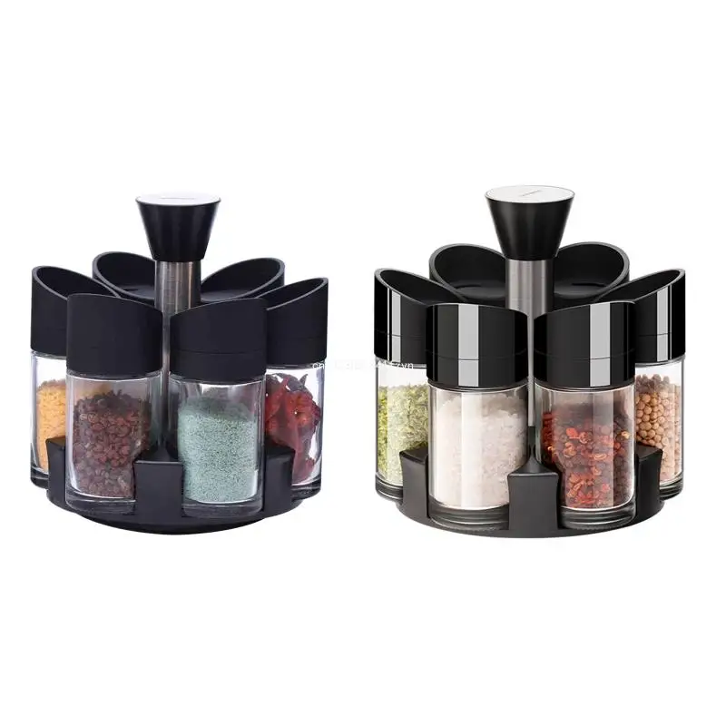 

1 Set Kitchen Rotation Jars Glass Pepper Shakers Flavor Container Seasoning Salt Rack Bottle Holder Dropship