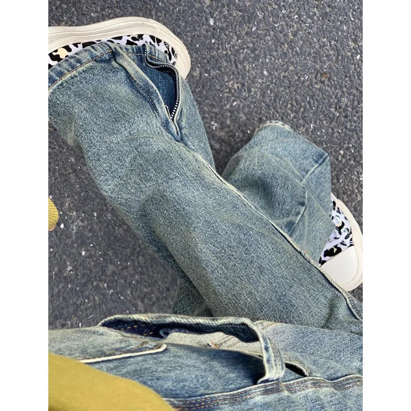 

American Sle Retro Side Zipper Flared Jeans Men's Summer Loose Straight Workwear Trousers Youth Trendy Cotton Denim Jeans