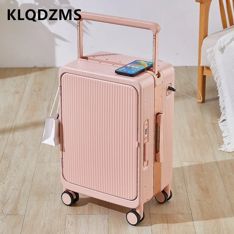 

KLQDZMS High Quality Suitcase 20"25 Inch Front Opening Boarding Box Ladies Aluminum Frame Trolley Case Men USB Charging Luggage