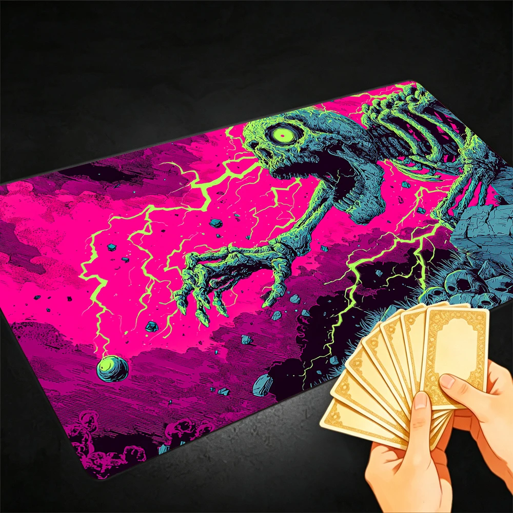 Neon Skull Man TCG Playmat Magic Playmat Gathering Gaming Mat with Stitched Edge Anti-slip base 60X35cm Trading Card Game