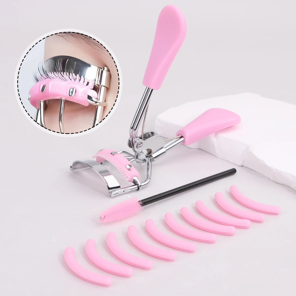 Pink stainless steel comb with 10PCS silicone pads and 1PC pink spiral comb for eyelash extension, portable eyelash curler