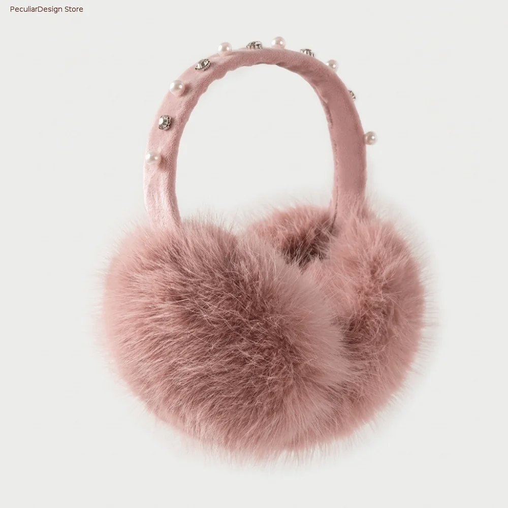 New Pearl Rhinestone Decor Faux Fur Earmuffs Plush Soft Winter Ear Warmers Fluffy Cold‑proof Soft Fluffy Earmuffs Women