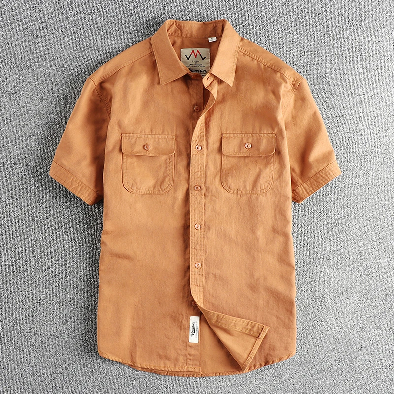 Simple cargo pocket design summer vintage short-sleeved shirt for men washed twill cotton fabric casual shirt