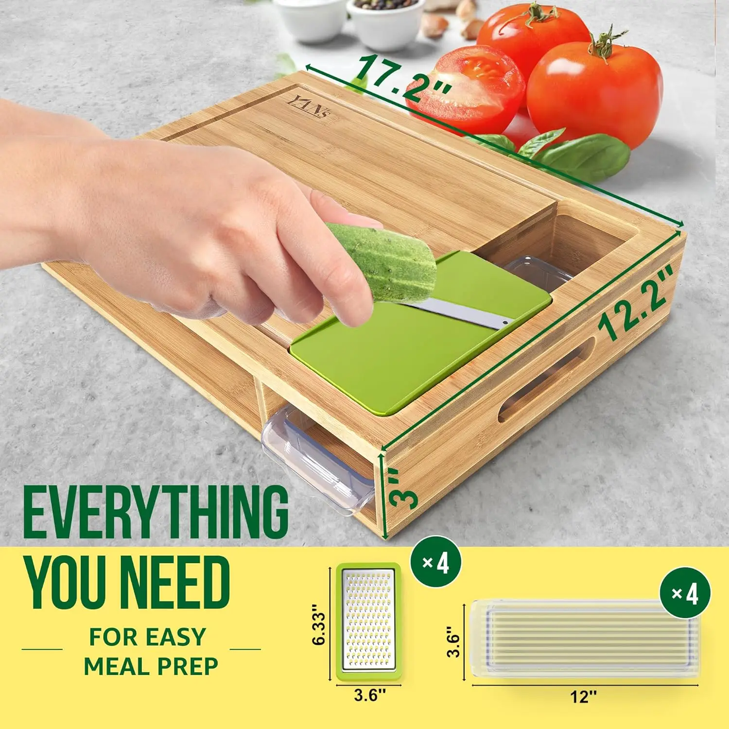 Bamboo Cutting Board with Containers Prep-Chopping Board Set-Extra Large Space Saving Cutting Board Set with Juice Groove