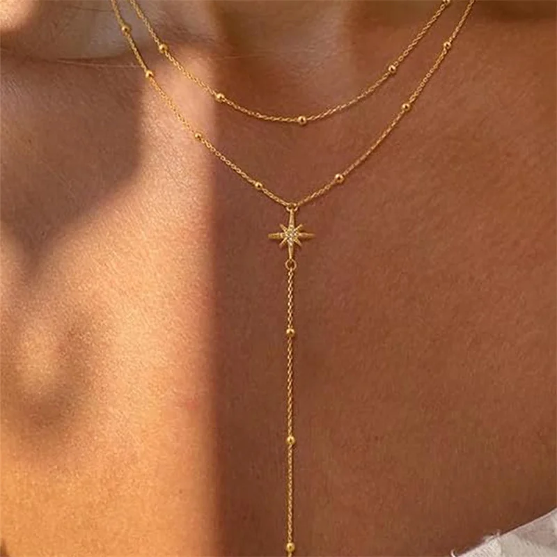 Vintage Gold Farbe Doppel Layered Halsketten für Frauen Zarte Kristall Metall Lange Quaste Perlen Kette Halsband Party Schmuck Geschenke – Detail 2