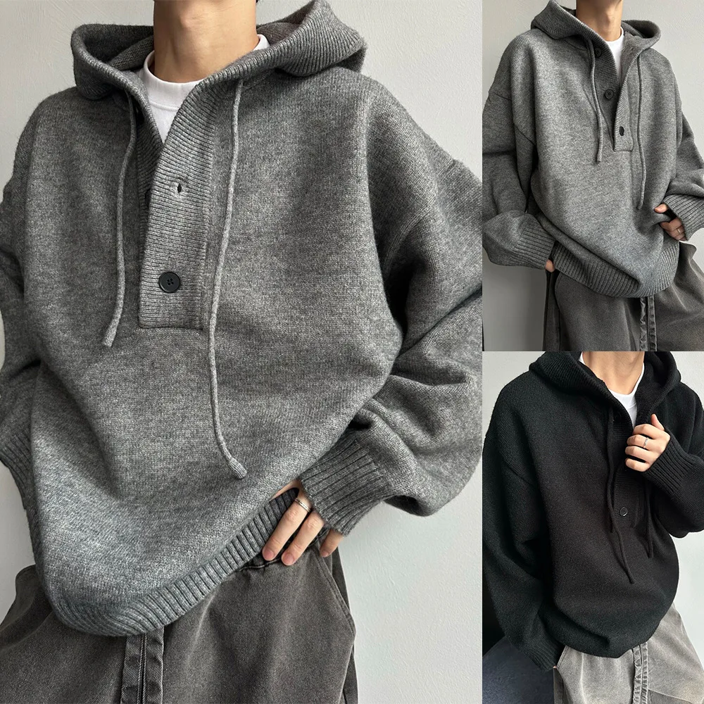 Hooded Men  Knitted Sweater Autumn Winter Loose Lazy Style Half Open Button Trendy Foreign Trade Cross-Border Wholesale