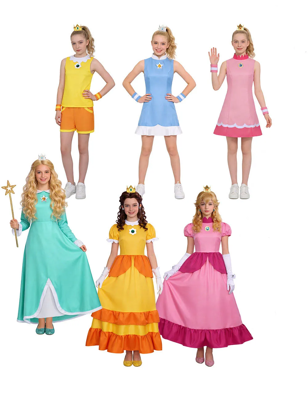Pfirsichfarbenes Rosalina Prinzessinnenkleid im Mario-Stil Cosplay-Kostüm Damen Halloween-Party Auftrittskleid mit Puffärmeln