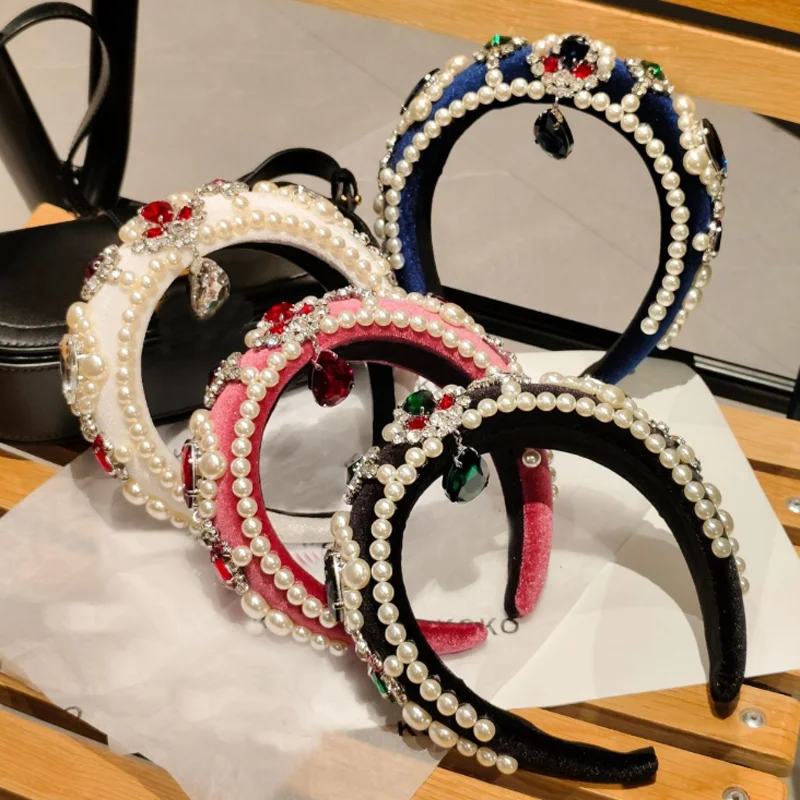 Baroque Style Pearl Headband Large Diamond Water Droplet Forehead Hair Hoop Luxurious Hair Accessories Headwear Press Hair Clip