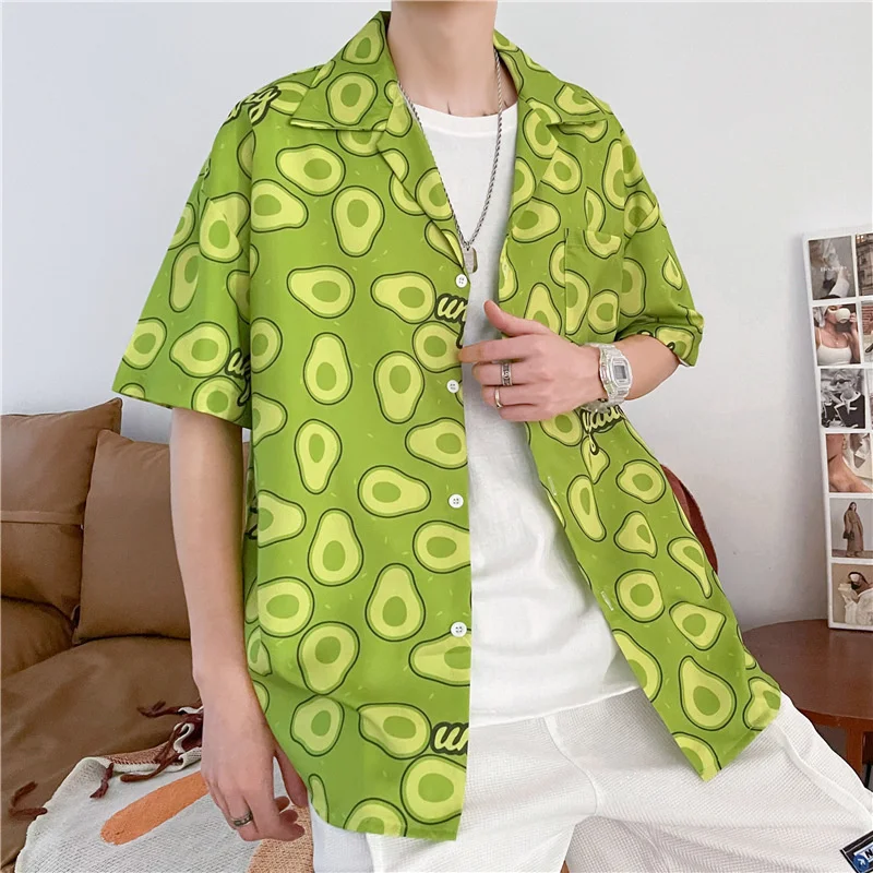 Hawaiian Casual Shirts Hot Summer Men Green Button Shirt Camisa Masculina Avocado Full Printed Daily Top Holiday Beach Clothes