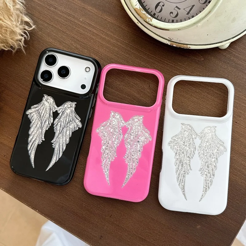 Luxuriöse Niedliche Cartoon INS Engel Baby Schwarze Handyhülle für iPhone 15 16 17 Pro Max 3D Rosa Weiße Engelsflügel Cover ﻿ ﻿ ﻿ ﻿ ﻿ ﻿ ﻿ ﻿ ﻿ ﻿ ﻿ ﻿ ﻿ ﻿