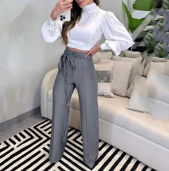 

Temperament Slim-Fit Puffy Sleeve Top Design Sense Drawstring Suit Pants Suit Woman 2024 Spring Summer Solid Color Pants Set